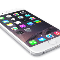 Apple Silver iPhone 6 Plus showing the home screen with iOS 8.