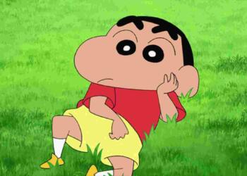 Shinchan sitting on grass with his sister