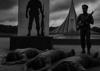 Silhouettes of Bangladeshi soldiers standing before graves draped in national flags at dawn, symbolizing remembrance of the 1977 executions and the nation’s struggle for justice