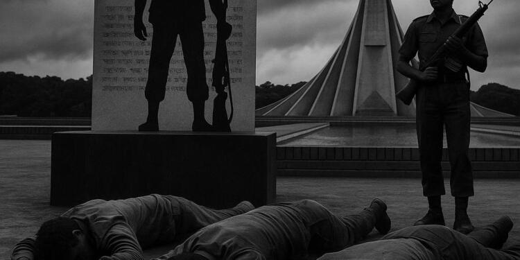 Silhouettes of Bangladeshi soldiers standing before graves draped in national flags at dawn, symbolizing remembrance of the 1977 executions and the nation’s struggle for justice