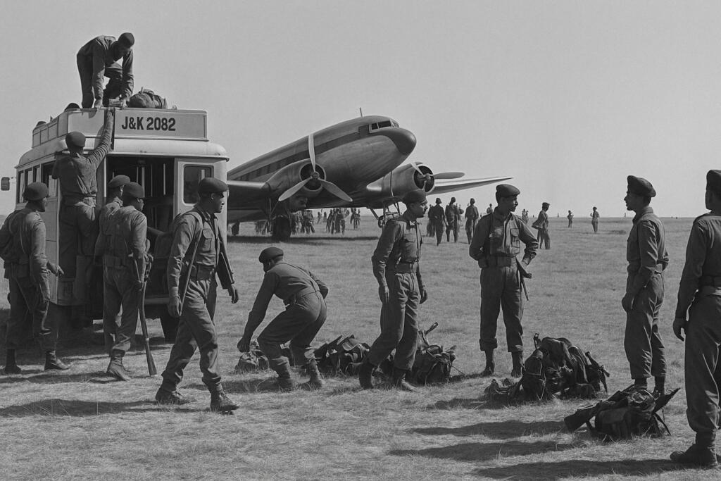 Indian Army soldiers during the 1947 Kashmir operation unloading equipment from a military truck beside a Douglas C-47 transport aircraft on an airfield, preparing to defend Srinagar during the first Indo-Pak war.