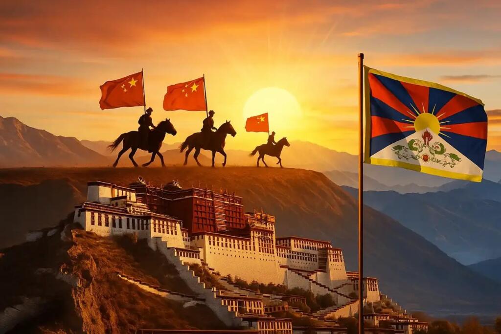 A digital illustration showing Chinese horsemen carrying red flags riding above the Potala Palace in Tibet, with the Tibetan flag standing in the foreground at sunrise — symbolizing tension and resistance.