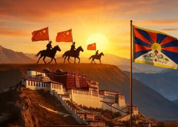A digital illustration showing Chinese horsemen carrying red flags riding above the Potala Palace in Tibet, with the Tibetan flag standing in the foreground at sunrise — symbolizing tension and resistance.