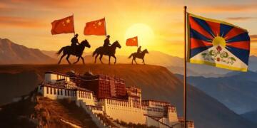 A digital illustration showing Chinese horsemen carrying red flags riding above the Potala Palace in Tibet, with the Tibetan flag standing in the foreground at sunrise — symbolizing tension and resistance.
