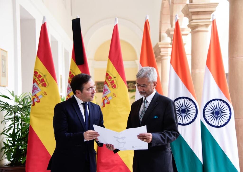 Foreign Minister of Spain, Jose Manuel Albares, handed over the signed Declaration of Accession to the IPOI to External Affairs Minister Dr S Jaishankar