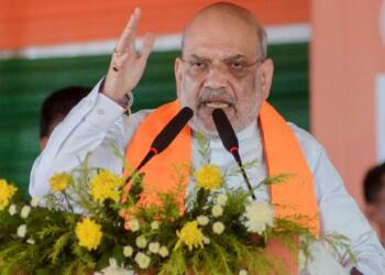 Amit Shah addressing a public rally in Saptagram during his West Bengal campaign.