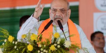 Amit Shah addressing a public rally in Saptagram during his West Bengal campaign.
