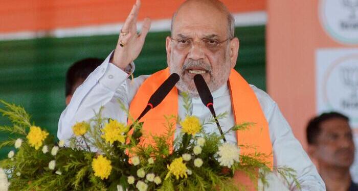 Amit Shah addressing a public rally in Saptagram during his West Bengal campaign.