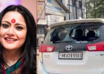 Rear windscreen of Agnimitra Paul’s car shattered after stone-pelting in Asansol during polling.