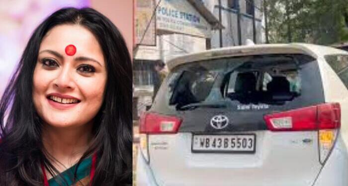 Rear windscreen of Agnimitra Paul’s car shattered after stone-pelting in Asansol during polling.