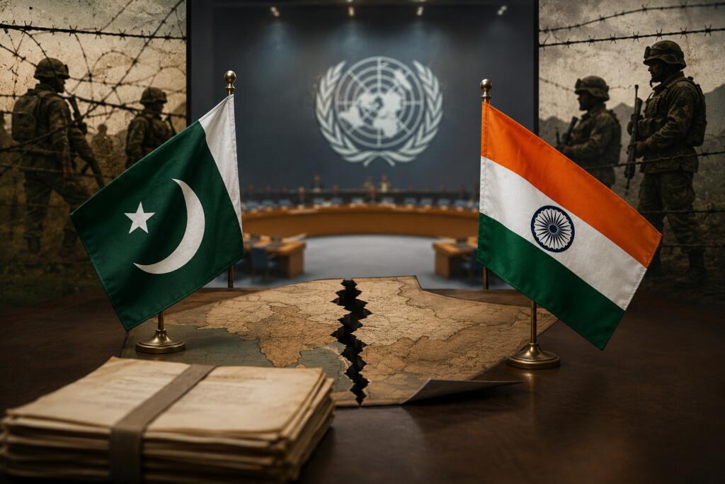 Flags of India and Pakistan with the United Nations emblem, representing the Kashmir dispute and UN resolutions on plebiscite and troop withdrawal.