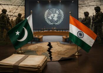 Flags of India and Pakistan with the United Nations emblem, representing the Kashmir dispute and UN resolutions on plebiscite and troop withdrawal.