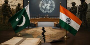 Flags of India and Pakistan with the United Nations emblem, representing the Kashmir dispute and UN resolutions on plebiscite and troop withdrawal.