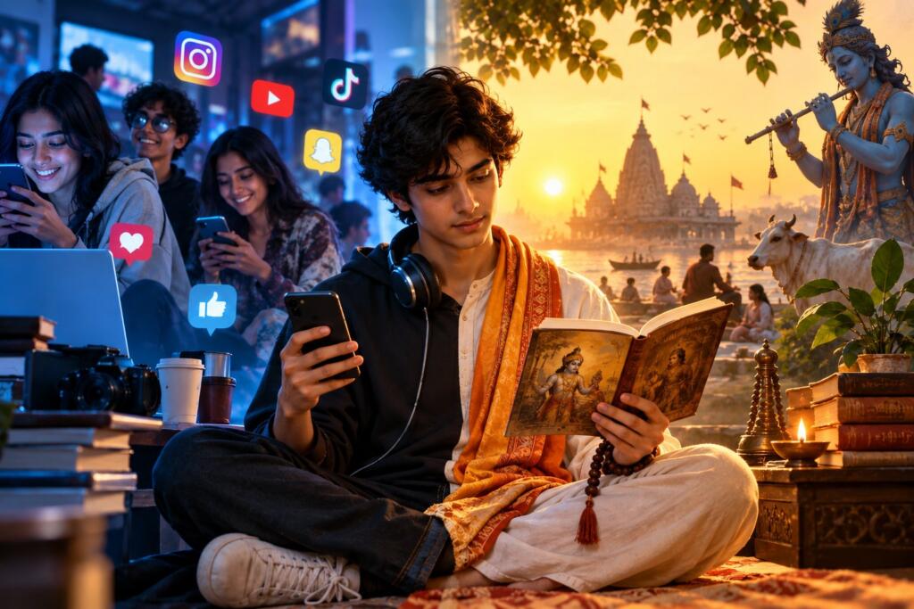 Young Indian Gen Z exploring Sanatan Dharma through smartphones, social media and the Bhagavad Gita