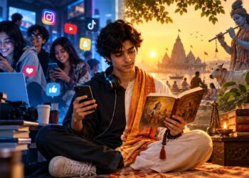 Young Indian Gen Z exploring Sanatan Dharma through smartphones, social media and the Bhagavad Gita
