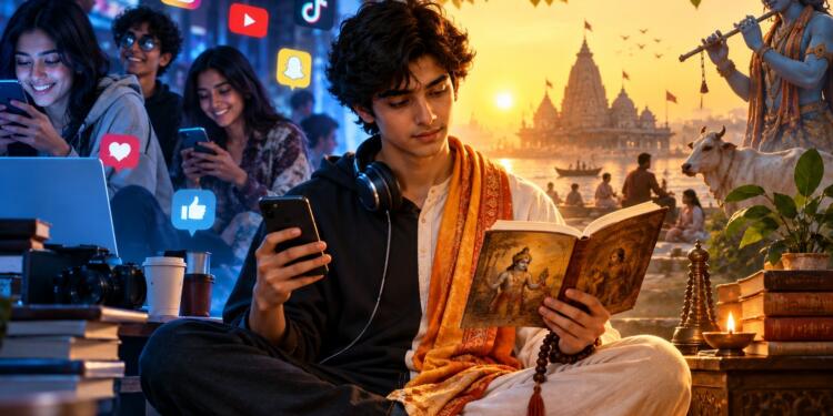 Young Indian Gen Z exploring Sanatan Dharma through smartphones, social media and the Bhagavad Gita