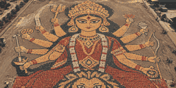 Adani Cement Creates Giant Maa Durga Tribute With 15,000 Cement Bags